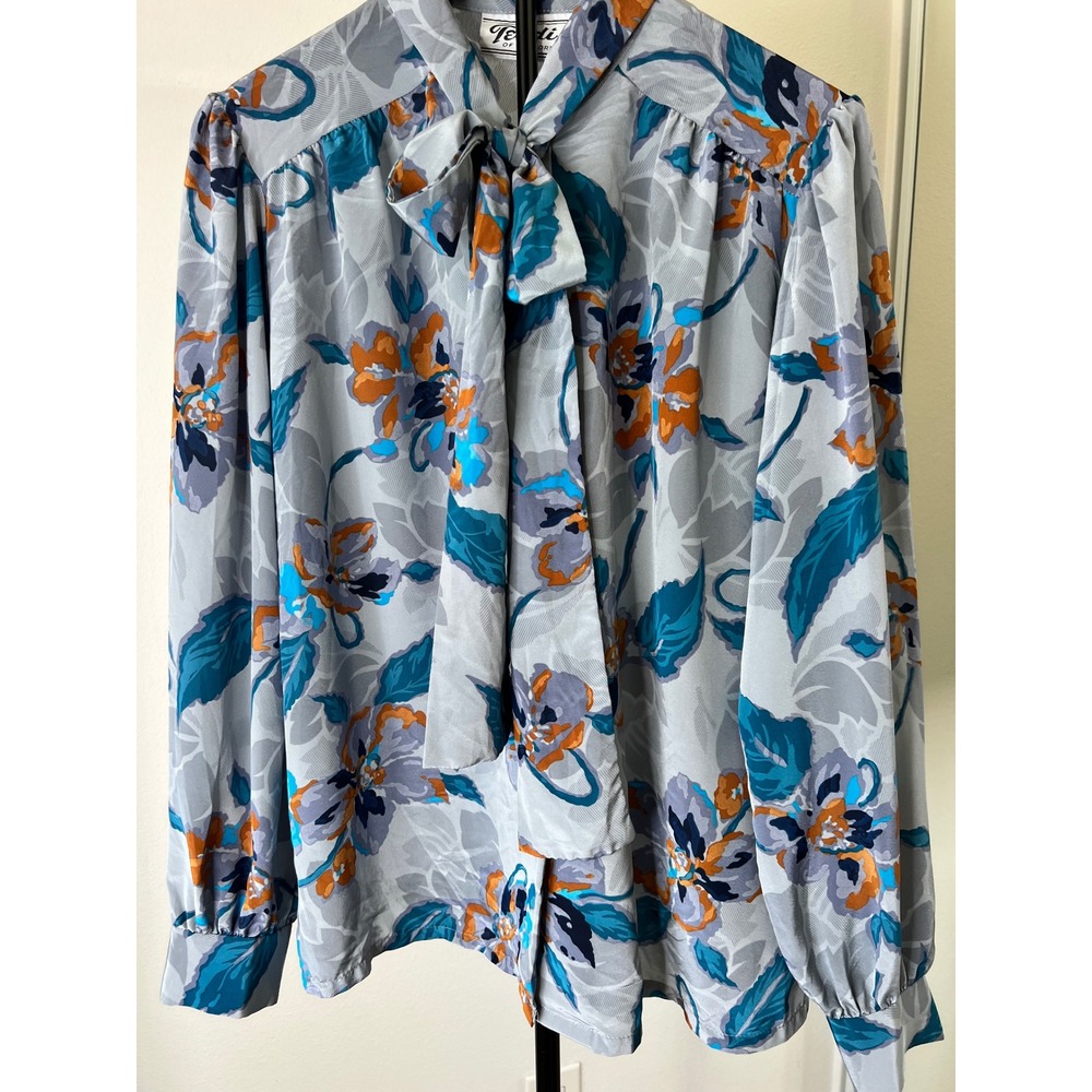 Teddi of California Vintage Floral Pussybow Blouse Grey Orange Teal Size 14